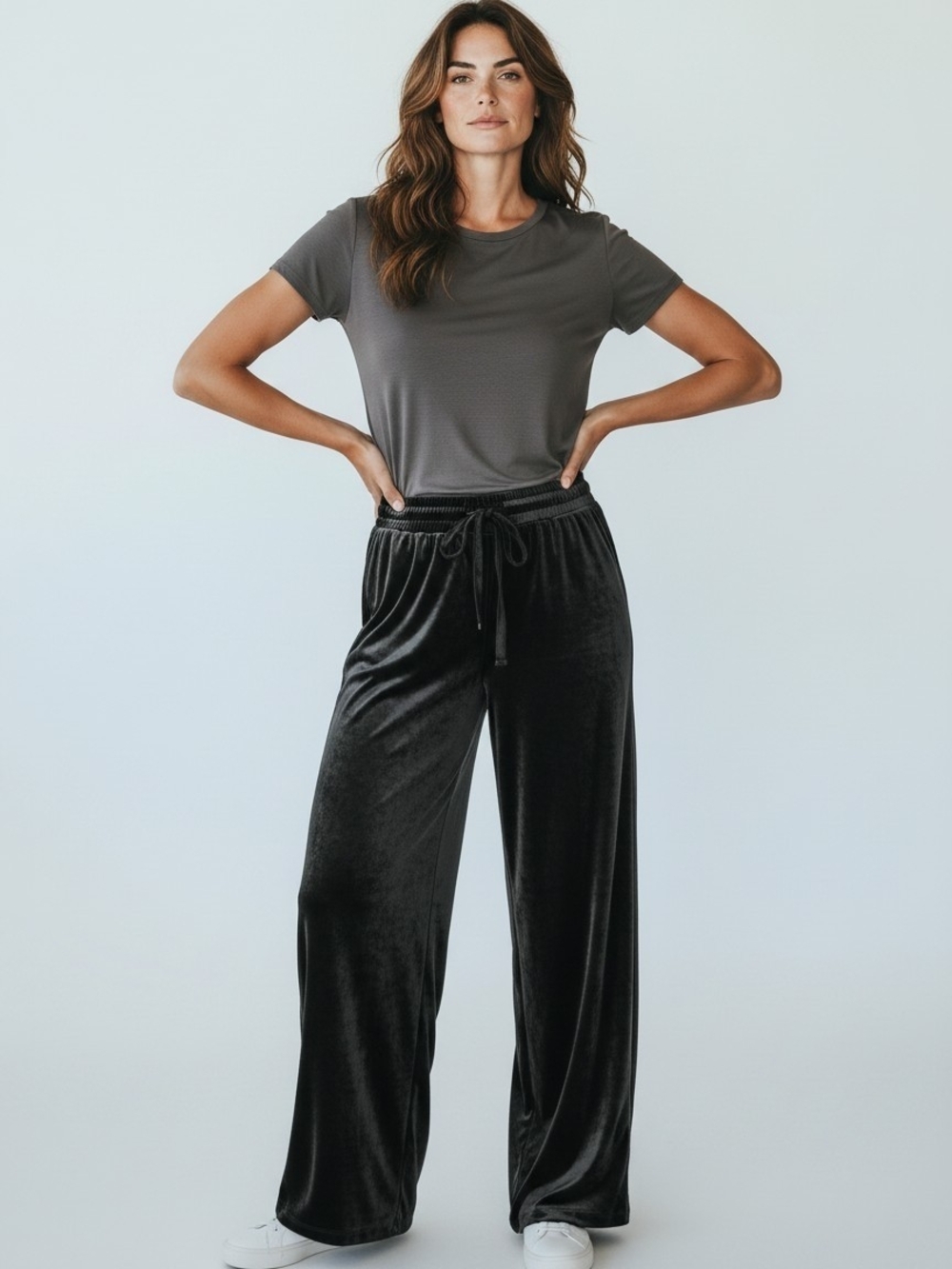 NEW Elodie Smooth Black Velvet Wide-Leg Drawstring Pants Size XS